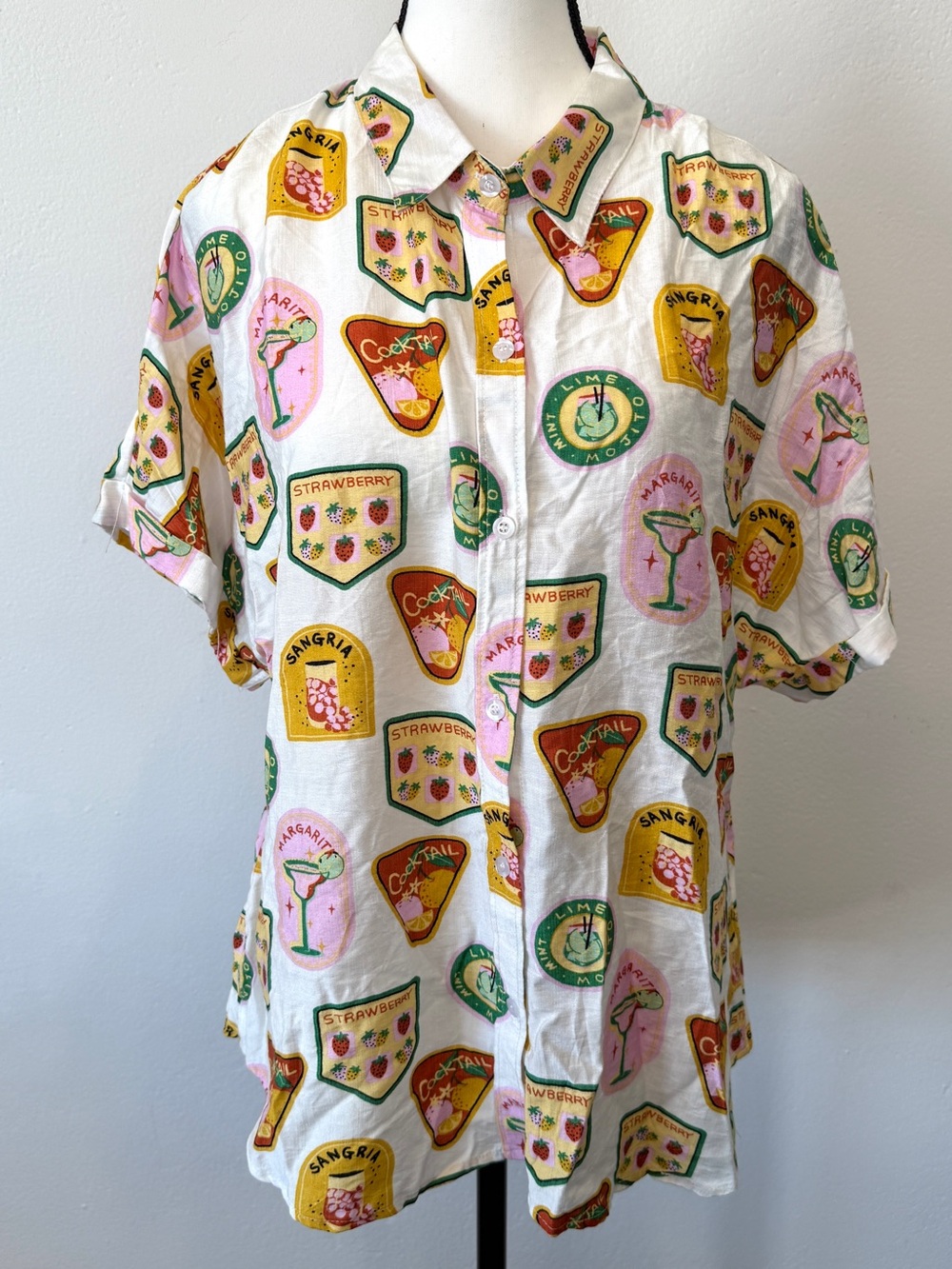 Milk and Honey Cocktail Print Button Up Shirt Large Tropical Sangria